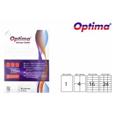 Etichete color autoadezive 24/A4, 70 x 37 mm, 100 coli/top, Optima - albastru