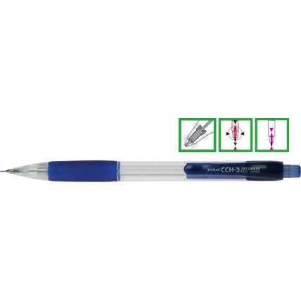 Creion mecanic PENAC CCH-3, rubber grip, 0.7mm, varf metalic, corp transparent, accesorii albastre