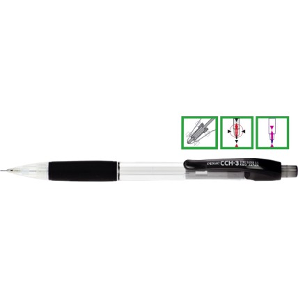 Creion mecanic PENAC CCH-3, rubber grip, 0.7mm, varf metalic, corp transparent, accesorii negre