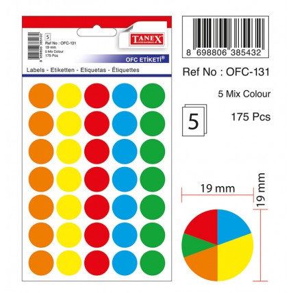 Etichete autoadezive color mix, D19 mm, 175 buc/set, TANEX - culori fluorescente asortate