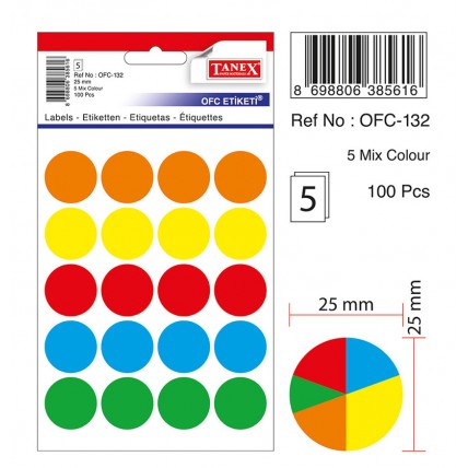 Etichete autoadezive color mix, D25 mm, 100 buc/set, TANEX - culori fluorescente asortate