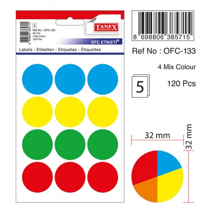 Etichete autoadezive color mix, D32 mm, 60 buc/set, TANEX - culori fluorescente asortate