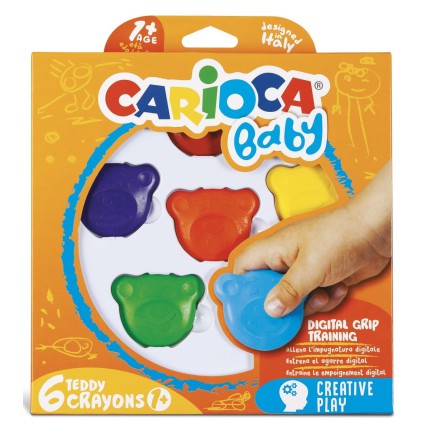 Creioane cerate, forma - cap Teddy Bear, 6 culori/cutie, CARIOCA Baby Teddy Crayons 1+