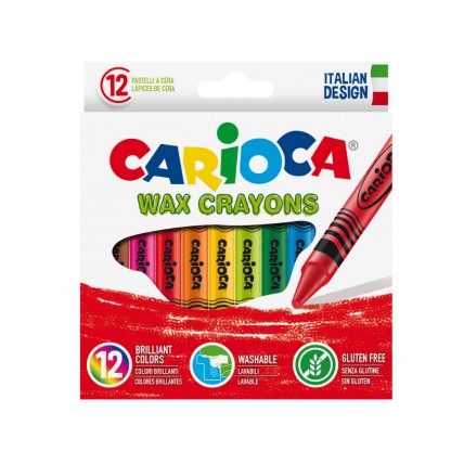 Creioane cerate, rotunde, lavabile, D- 8mm, 12 culori/cutie, CARIOCA Wax Crayons