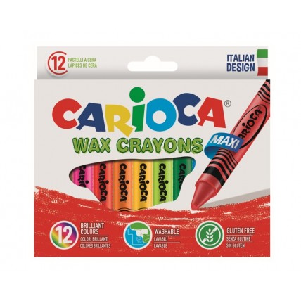 Creioane cerate, rotunde, lavabile, D-12mm, 12 culori/cutie, CARIOCA Wax Crayon Maxi