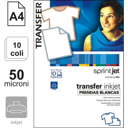 Hartie de transfer pentru tricouri albe, A4, 10/set, Sprintjet