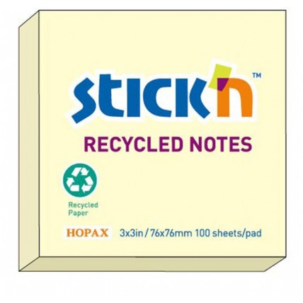 Notes autoadeziv 76 x 76 mm, 100 file, Stick"n - galben pastel - hartie reciclata