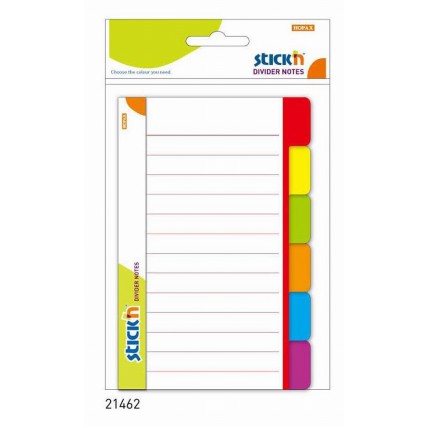 Divider notes autoadeziv liniat cu 6 separatoare, 148 x 98 mm, 60 file, Stick"n - 6 culori neon