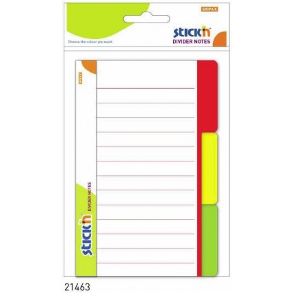 Divider notes autoadeziv liniat cu 3 separatoare, 148 x 98 mm, 60 file, Stick"n - 3 culori neon