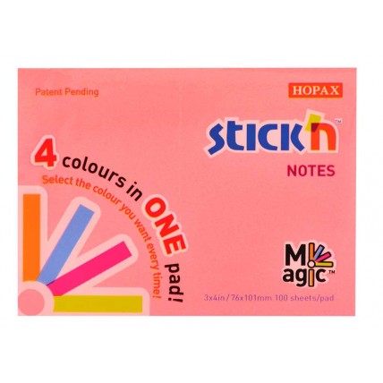 Magic notes autoadeziv 76 x 101 mm, 100 file, Stick"n Magic Notes - 4 culori neon