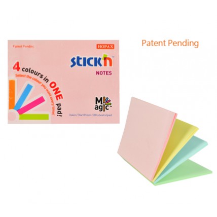 Magic notes autoadeziv 76 x 101 mm, 100 file, Stick"n Magic Notes - 4 culori pastel